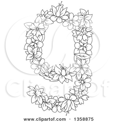 Clipart of a Black and White Lineart Floral Lowercase Alphabet Letter G - Royalty Free Vector Illustration by Vector Tradition SM