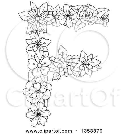 Clipart of a Black and White Lineart Floral Uppercase Alphabet Letter F - Royalty Free Vector Illustration by Vector Tradition SM