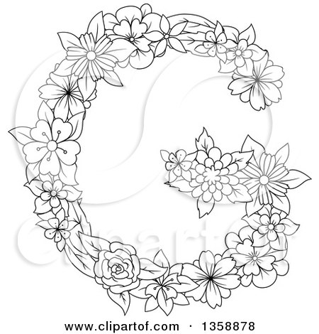 Clipart of a Black and White Lineart Floral Uppercase Alphabet Letter G - Royalty Free Vector Illustration by Vector Tradition SM