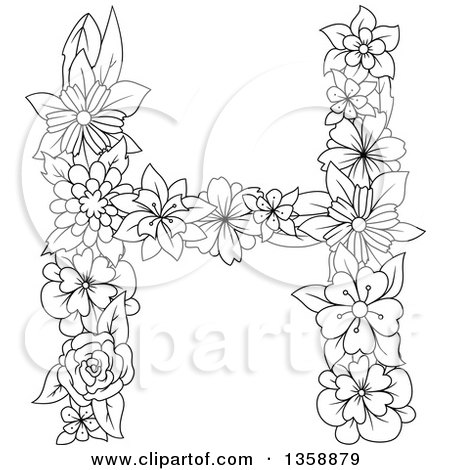 Clipart of a Black and White Lineart Floral Uppercase Alphabet Letter H - Royalty Free Vector Illustration by Vector Tradition SM
