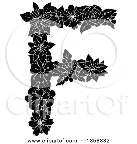 Clipart of a Black and White Floral Uppercase Alphabet Letter F - Royalty Free Vector Illustration by Vector Tradition SM