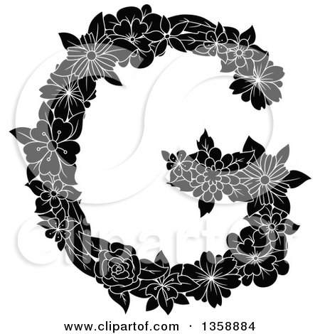 Clipart of a Black and White Floral Uppercase Alphabet Letter G - Royalty Free Vector Illustration by Vector Tradition SM
