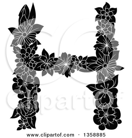 Clipart of a Black and White Floral Uppercase Alphabet Letter H - Royalty Free Vector Illustration by Vector Tradition SM