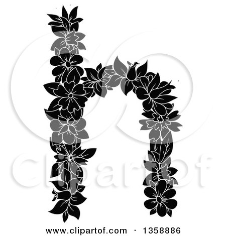Clipart of a Black and White Floral Lowercase Alphabet Letter H - Royalty Free Vector Illustration by Vector Tradition SM
