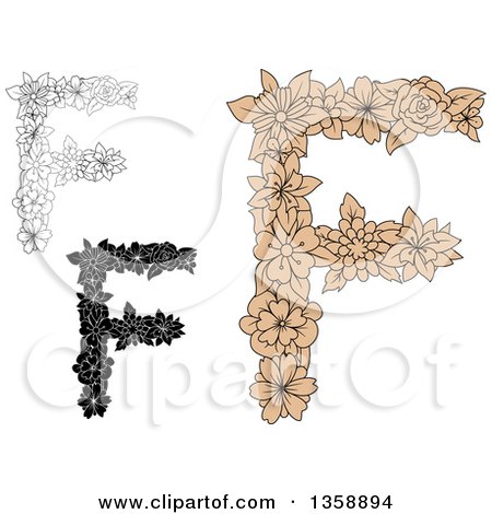 Clipart of Tan and Black and White Floral Uppercase Alphabet Letter F Designs - Royalty Free Vector Illustration by Vector Tradition SM