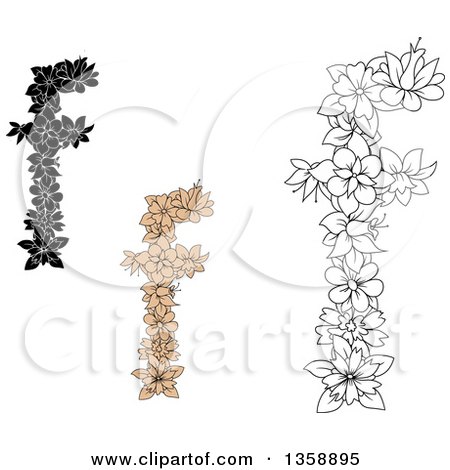 Clipart of Tan and Black and White Floral Lowercase Alphabet Letter F Designs - Royalty Free Vector Illustration by Vector Tradition SM