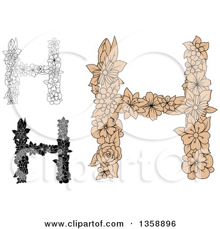 Clipart of Tan and Black and White Floral Uppercase Alphabet Letter H Designs - Royalty Free Vector Illustration by Vector Tradition SM