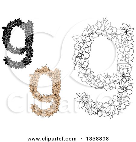Clipart of Tan and Black and White Floral Lowercase Alphabet Letter G Designs - Royalty Free Vector Illustration by Vector Tradition SM