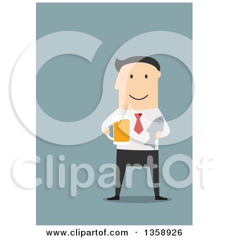 Clipart of a Flat Design White Businessman Holding a Fish and Beer, on a Blue Background - Royalty Free Vector Illustration by Vector Tradition SM