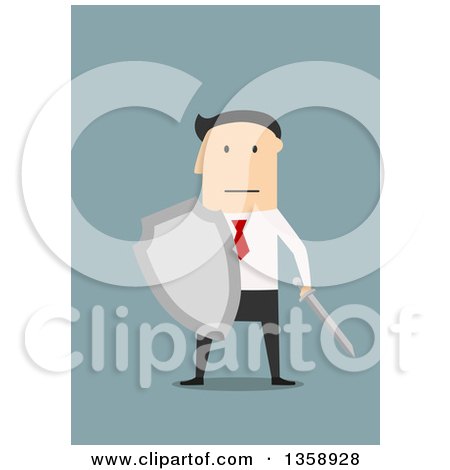Clipart of a Flat Design White Businessman Holding a Shield and Sword, on a Blue Background - Royalty Free Vector Illustration by Vector Tradition SM