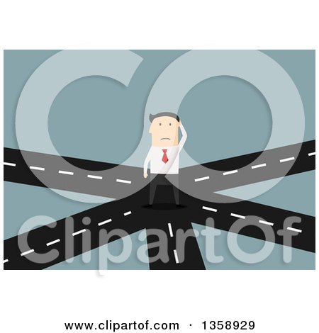 Clipart of a Flat Design White Businessman at a Crossroads, on a Blue Background - Royalty Free Vector Illustration by Vector Tradition SM