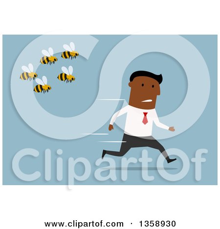Clipart of a Flat Design Black Business Man Running from Bees, on a Blue Background - Royalty Free Vector Illustration by Vector Tradition SM