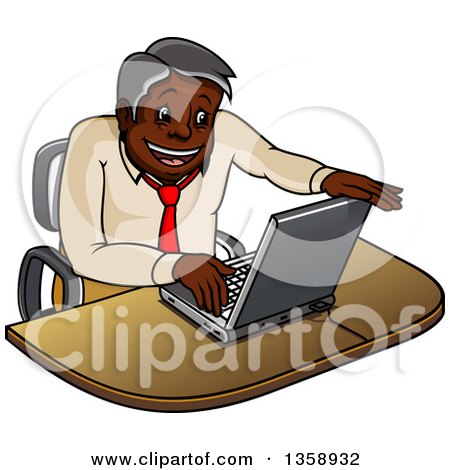 Clipart of a Cartoon Happy Black Businessman Opening a Laptop Computer - Royalty Free Vector Illustration by Vector Tradition SM