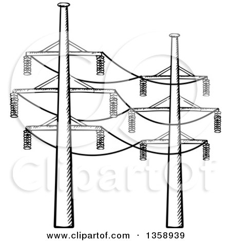 Clipart of Black and White Sketched Power Lines - Royalty Free Vector Illustration by Vector Tradition SM