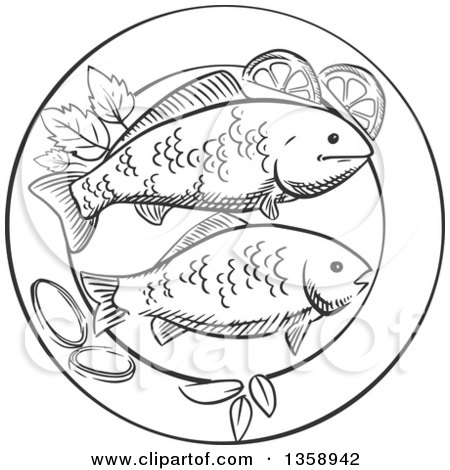 Clipart of a Black and White Sketched Plate of Fried Fish with Lemon and Herbs - Royalty Free Vector Illustration by Vector Tradition SM