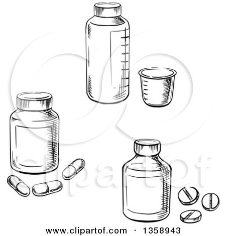 Clipart of Black and White Sketched Medicine and Pill Bottles - Royalty Free Vector Illustration by Vector Tradition SM
