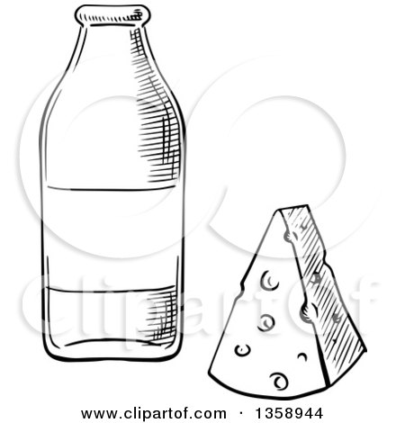 Clipart of a Black and White Sketched Milk Bottle and Cheese Wedge - Royalty Free Vector Illustration by Vector Tradition SM