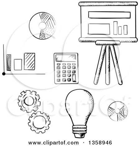 Clipart of Black and White Sketched Charts, Graphs, Calculator, and Gears - Royalty Free Vector Illustration by Vector Tradition SM