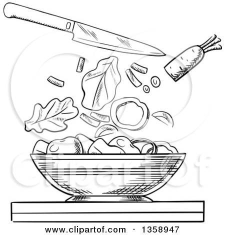 Clipart of a Black and White Sketched Salad Bowl with a Knife and Chopped Veggies Above - Royalty Free Vector Illustration by Vector Tradition SM