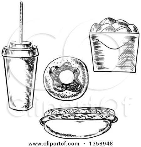 Clipart of a Black and White Sketched Soda, Donut, Hot Dog and Take out Container - Royalty Free Vector Illustration by Vector Tradition SM