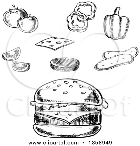 Clipart of a Black and White Sketched Cheeseburger and Toppings - Royalty Free Vector Illustration by Vector Tradition SM