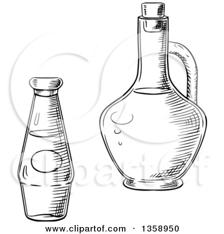 Clipart of Black and White Sketched Olive Oil and Tomato Sauce Bottles - Royalty Free Vector Illustration by Vector Tradition SM