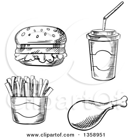 Clipart of a Black and White Sketched Hamburger, Fountain Soda, French Fries and Chicken Drumstick - Royalty Free Vector Illustration by Vector Tradition SM