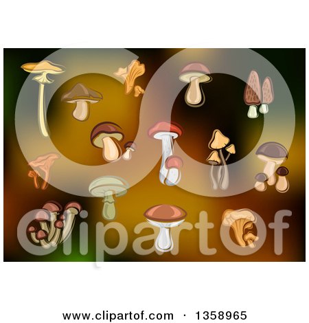 Clipart of Mushrooms over Brown Blur - Royalty Free Vector Illustration by Vector Tradition SM