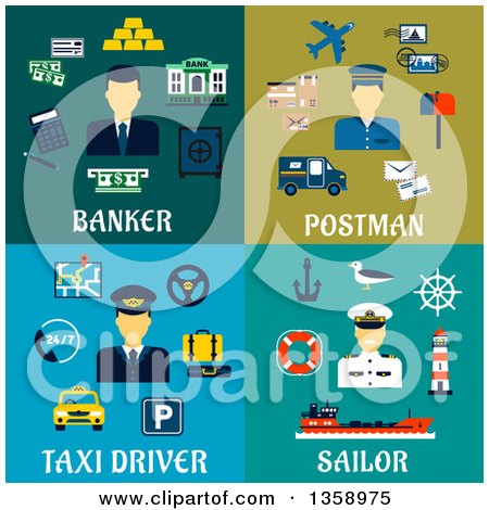 Clipart of Flat Banker, Postman, Taxi Driver and Sailor Occupation Designs - Royalty Free Vector Illustration by Vector Tradition SM