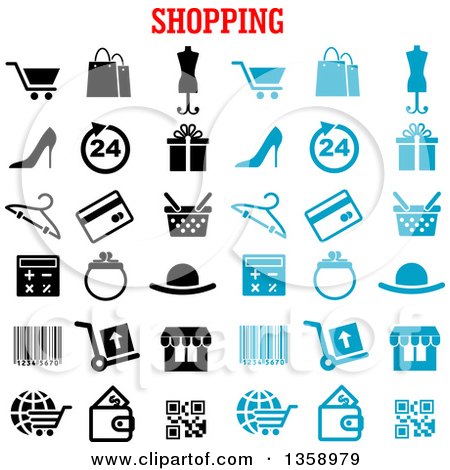 Clipart of Blue and Black Shopping Icons with Text - Royalty Free Vector Illustration by Vector Tradition SM