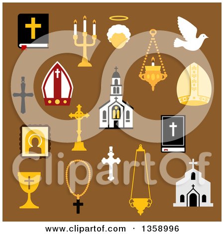 Clipart of Flat Design Religious Christian and Catholic Icons on Brown - Royalty Free Vector Illustration by Vector Tradition SM