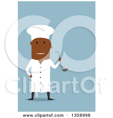 Clipart of a Flat Design Happy Black Male Chef Holding a Ladel, on a Blue Background - Royalty Free Vector Illustration by Vector Tradition SM