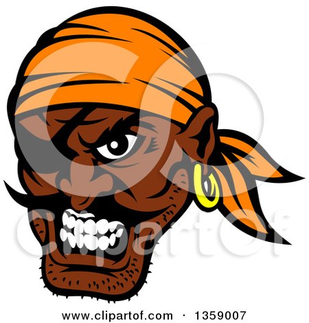 Clipart of a Cartoon Tough Black Male Pirate Wearing an Eye Patch and an Orange Bandana - Royalty Free Vector Illustration by Vector Tradition SM