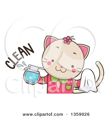 Clipart of a Cute Female Cat Cleaning with a Spray Bottle and Towel, with Text - Royalty Free Vector Illustration by BNP Design Studio