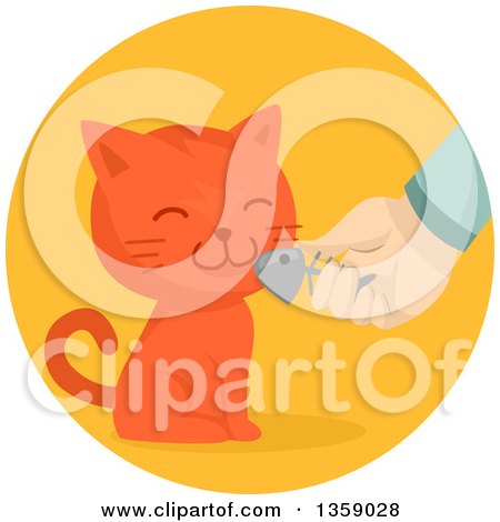 Clipart of a Happy Ginger Cat Being Given a Fish Bone in a Circle - Royalty Free Vector Illustration by BNP Design Studio