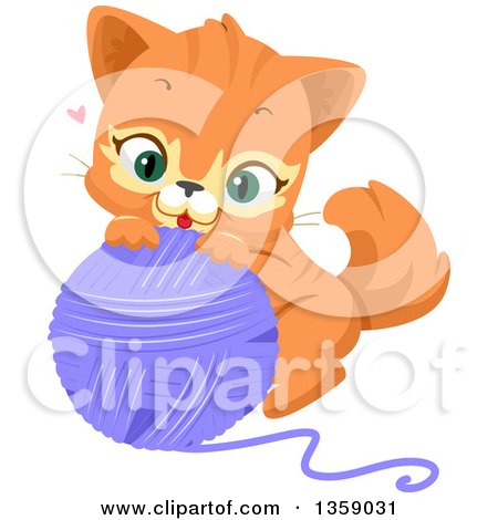 Clipart of a Cute Ginger Cat Playing with a Purple Ball of Yarn - Royalty Free Vector Illustration by BNP Design Studio