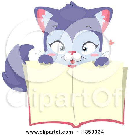 Clipart of a Cute Purple Cat over an Open Book - Royalty Free Vector Illustration by BNP Design Studio