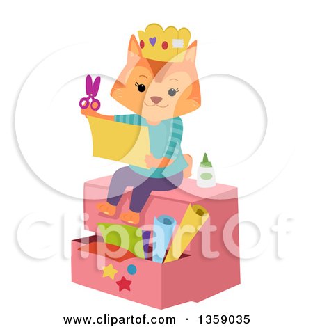 Clipart of a Ginger Cat Sitting on a Chest, Wearing a Crown and Cutting Pieces of Paper - Royalty Free Vector Illustration by BNP Design Studio