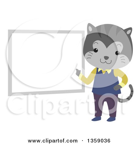 Clipart of a Gray Tabby Cat Teacher Pointing to a White Board - Royalty Free Vector Illustration by BNP Design Studio