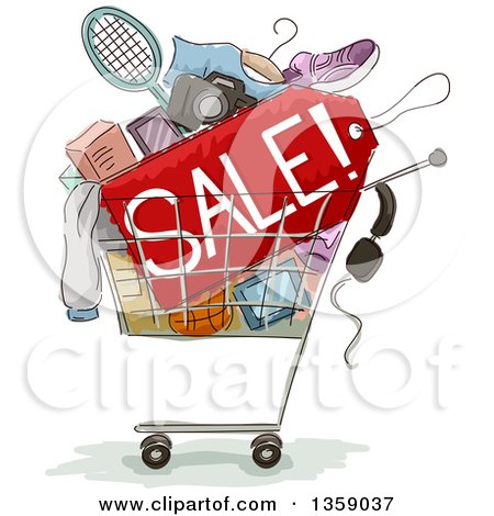 Clipart of a Sketched Shopping Cart with Products and a Sale Sign - Royalty Free Vector Illustration by BNP Design Studio