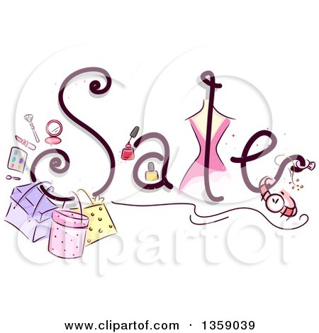 Clipart of a Sales Text Design with Sketched Cosmetics and Accessories - Royalty Free Vector Illustration by BNP Design Studio