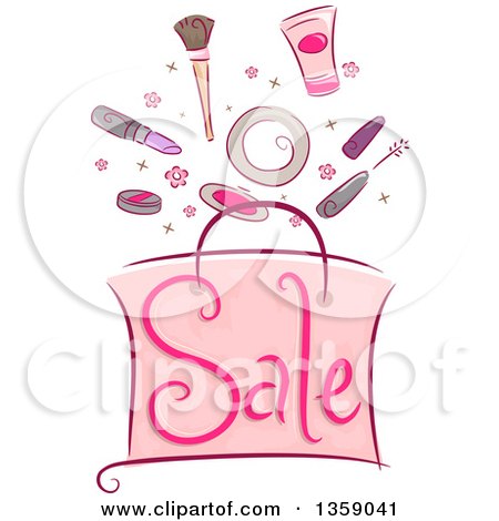 Clipart of a Sketched Pink Sale Shopping Bag with Cosmetics - Royalty Free Vector Illustration by BNP Design Studio