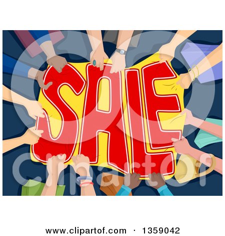 Clipart of Hands Pulling on a Sale Banner over Blue - Royalty Free Vector Illustration by BNP Design Studio