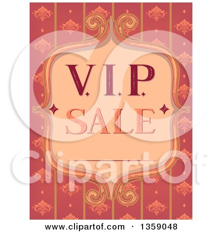 Clipart of a Vintage VIP Sale Frame over Pink Floral Stripes - Royalty Free Vector Illustration by BNP Design Studio