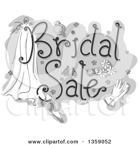 Clipart of a Grayscale Bridal Sale Design with Flowers, Gloves, Shoes and a Veil - Royalty Free Vector Illustration by BNP Design Studio
