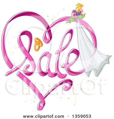 Clipart of a Heart Shaped Sale Design with Wedding Bands, Flowers and a Veil - Royalty Free Vector Illustration by BNP Design Studio