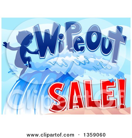 Clipart of a Wipeout Sale Design with a Boy Surfer Riding a Wave - Royalty Free Vector Illustration by BNP Design Studio