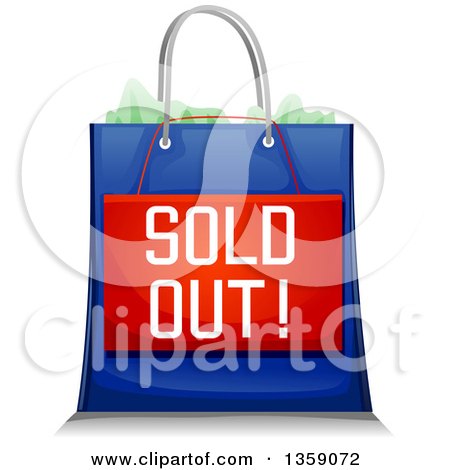 Clipart of a Blue Retail Shopping Bag with a Sold out Sign - Royalty Free Vector Illustration by BNP Design Studio