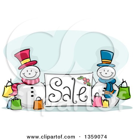 Clipart of a Sketched Sale Sign with Snowmen and Shopping Bags - Royalty Free Vector Illustration by BNP Design Studio