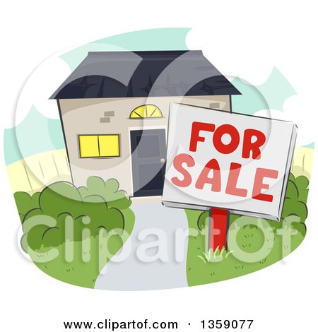 Clipart of a for Sale Sign Posted on the Lawn of a Home - Royalty Free Vector Illustration by BNP Design Studio
